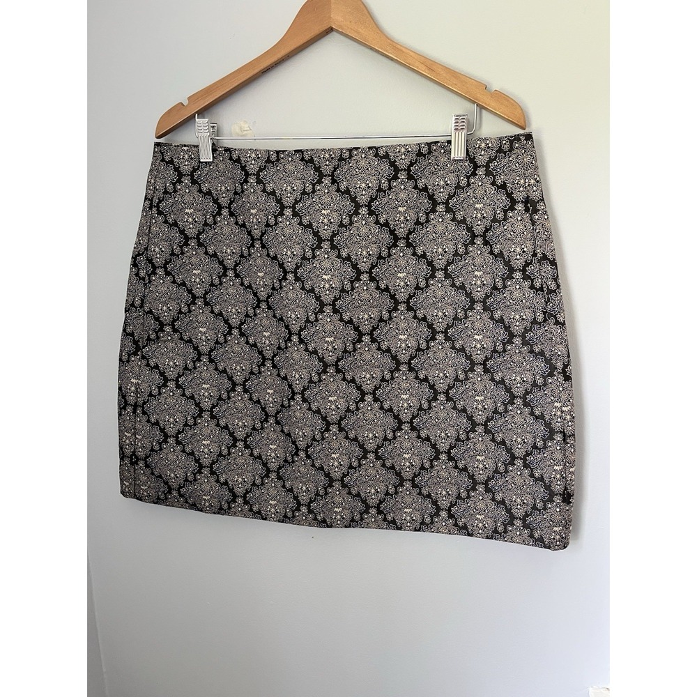 Loft Women's Mini Skirt Size 14 Black Blue Gold Jacquard Floral Lined A Line NWT